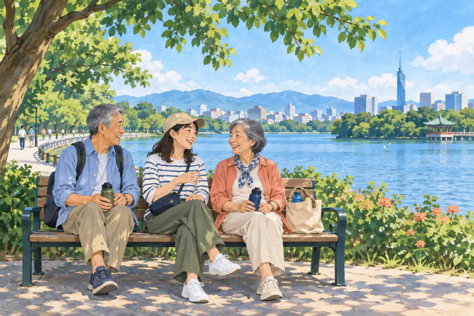 AI illustration of parents and their adult daughter resting on a lakeside bench