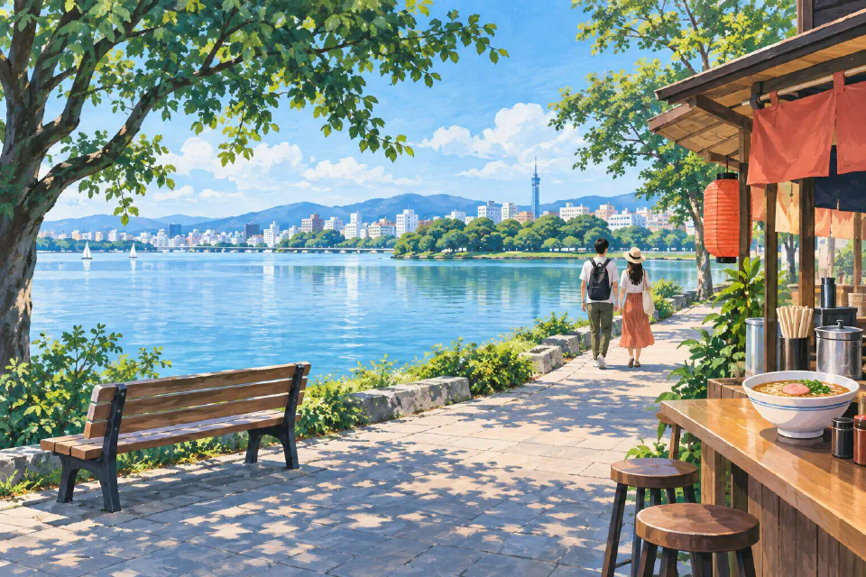 AI illustration of travelers beside a lake and a small food counter, inspired by a Fukuoka weekend