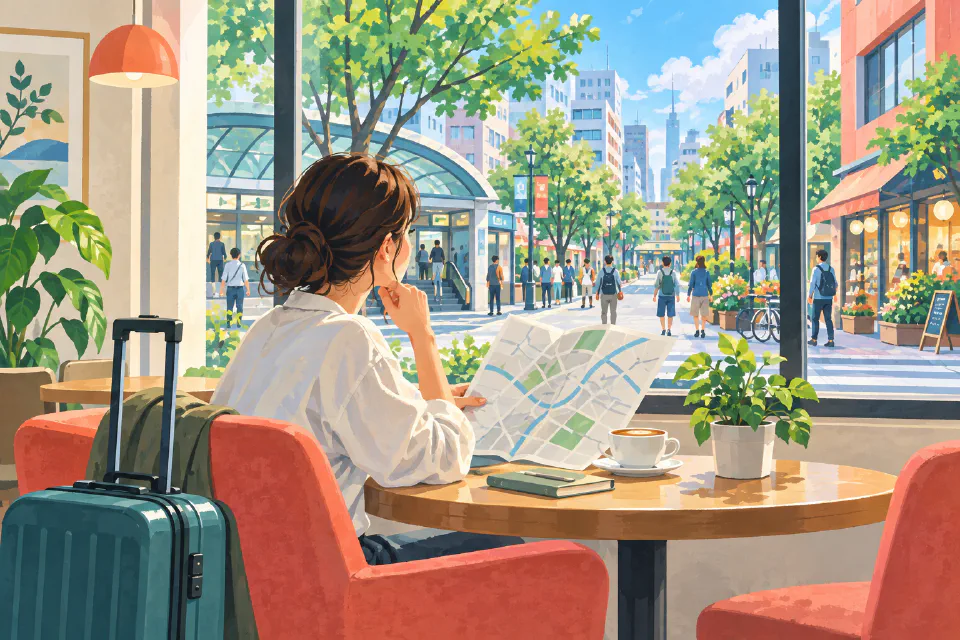 AI illustration of a traveler considering an abstract map beside luggage at a cafe window, not a real hotel