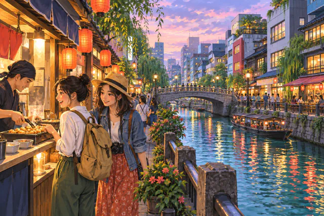 AI illustration of friends at a food stall beside an imagined Osaka-inspired canal