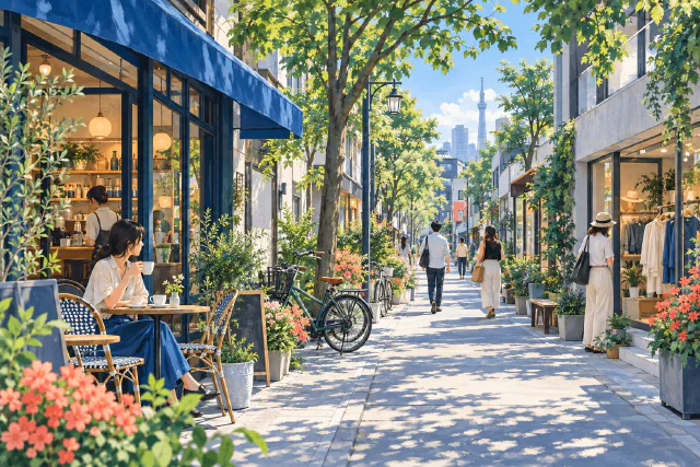 AI illustration of a leafy Tokyo-inspired street with a cafe terrace and unbranded shops