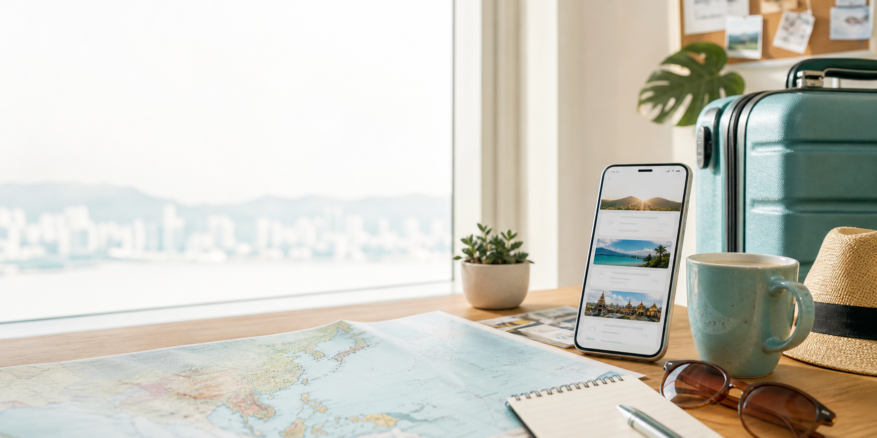 Travel planning desk with a map, phone, and short trip essentials